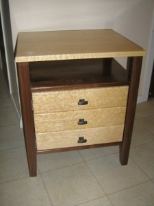 Walnut end table with Birds Eye Maple top and drawer fronts